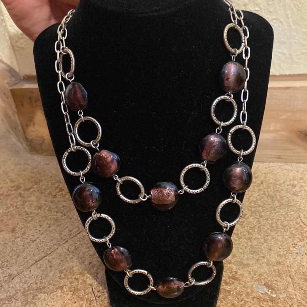Purple beads and etched silver link chain multi strand‎ statement necklace